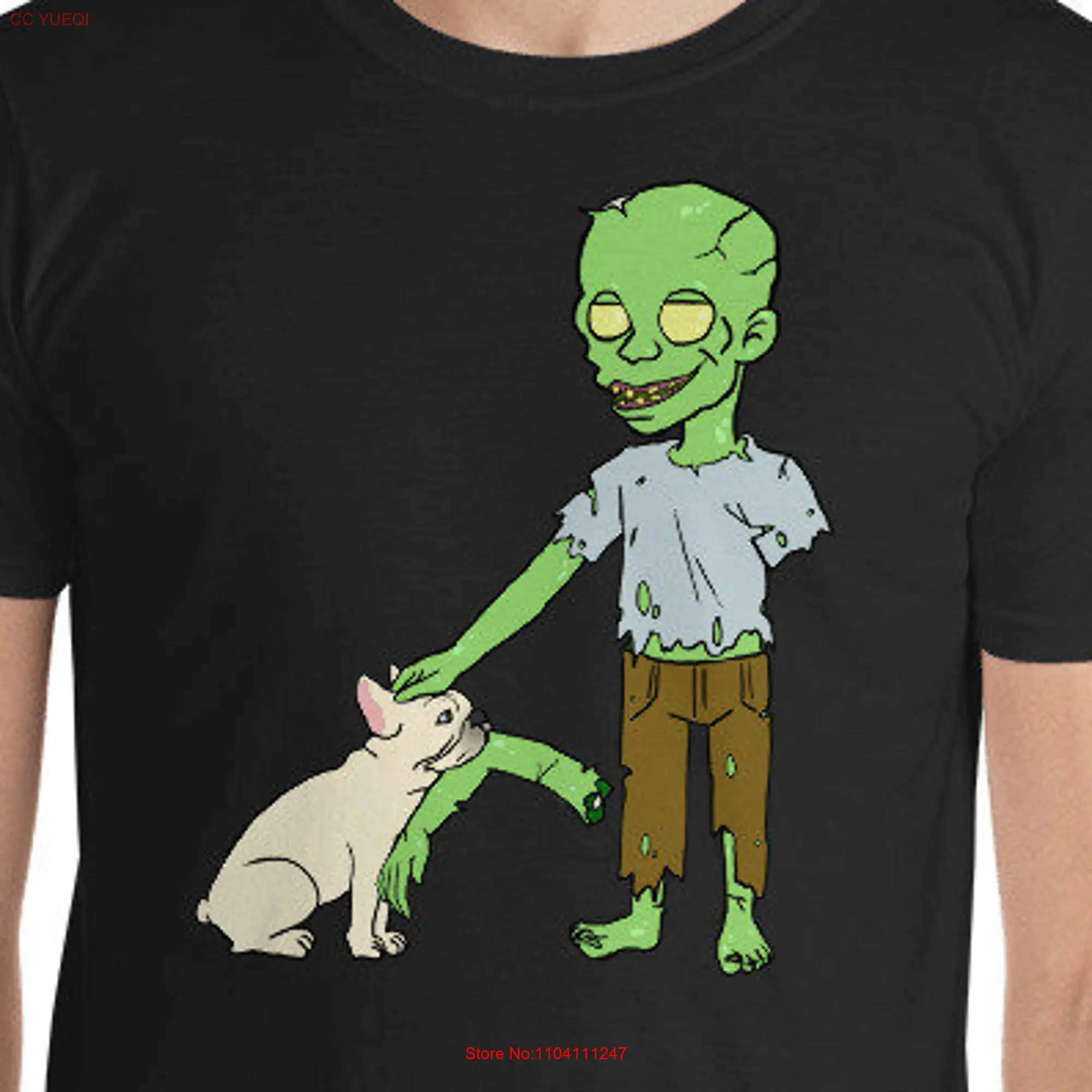 Camiseta de manga larga o corta de Bulldog Francés crema jugando con Zombie para Halloween, divertida, terrorífica, perro francés