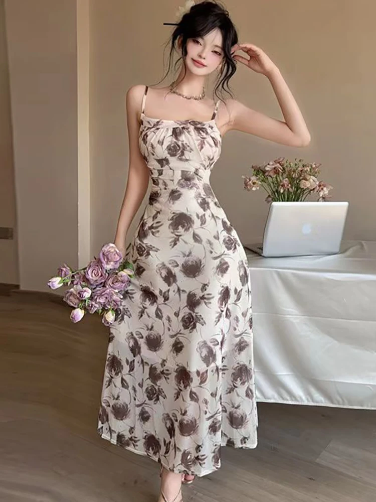 2025 novo azul floral malha chique estilingue maxi vestido feminino elegante casual estilo praia vestido de verão moda coreana bodycon vestido de festa