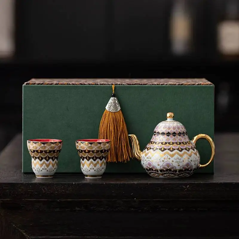 

Dunhuang Tianxiang Mural Alabaster Tea Set With Teapot And Teacups For Home Use, High-End Palace Style, Gift-Giving, Enamel