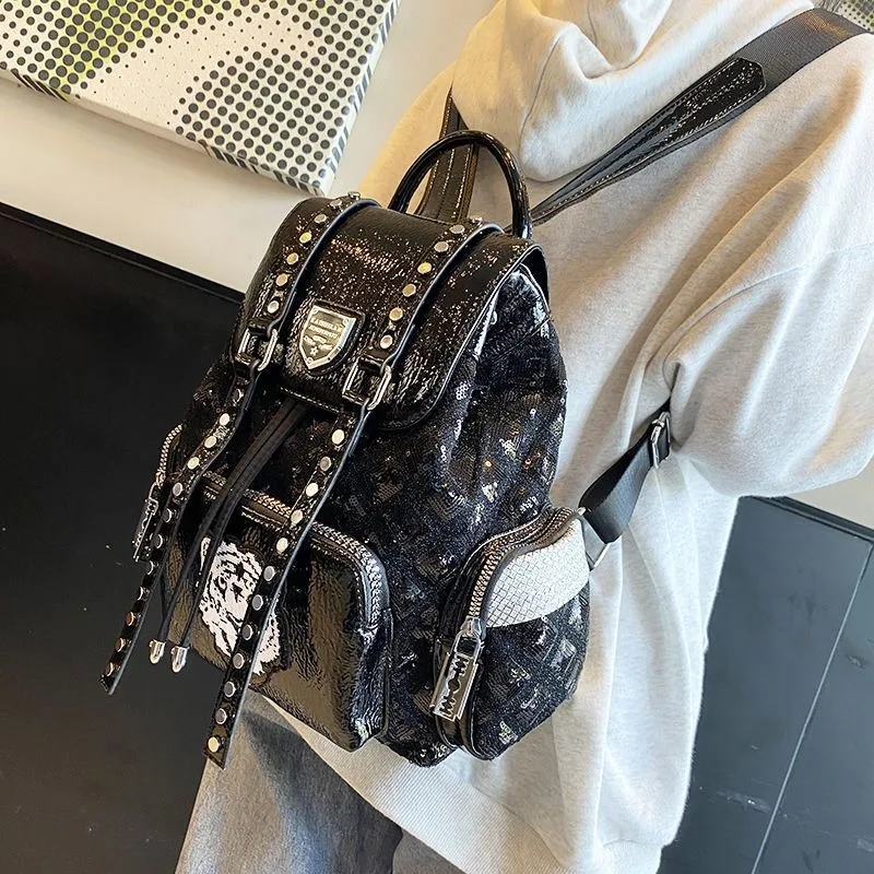 Sequined Backpack Women's New 2026 Personalized Fashion Versatile Rivet Bag Premium Embroidery Thread Foreign Style Travel Bag