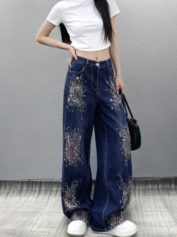 

Faionable Heavy Rhinestone Denim High Waist Straight Leg Wide Leg Pants Versatile Casual Sle Multi ket Water Waed