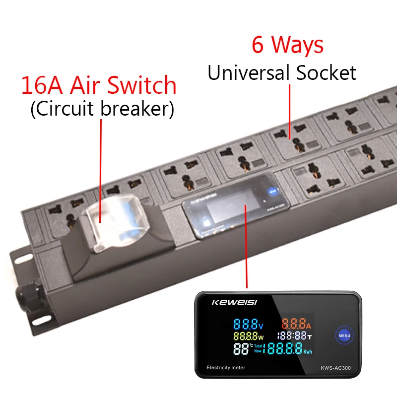 PDU Power Strip 6 way universal extension socket Digital Ampermeter Power Energy Voltmeter Ammeter 16A Circuit breaker 2M cord
