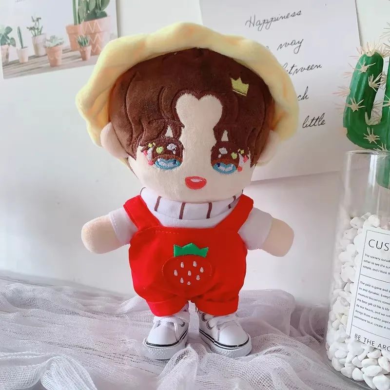 

20cm Kawaii Idol Doll Clothes Cartoon Red Strawberry Rompers White T-Shirt Set Mini Plush Doll Clothes Accessories Toys