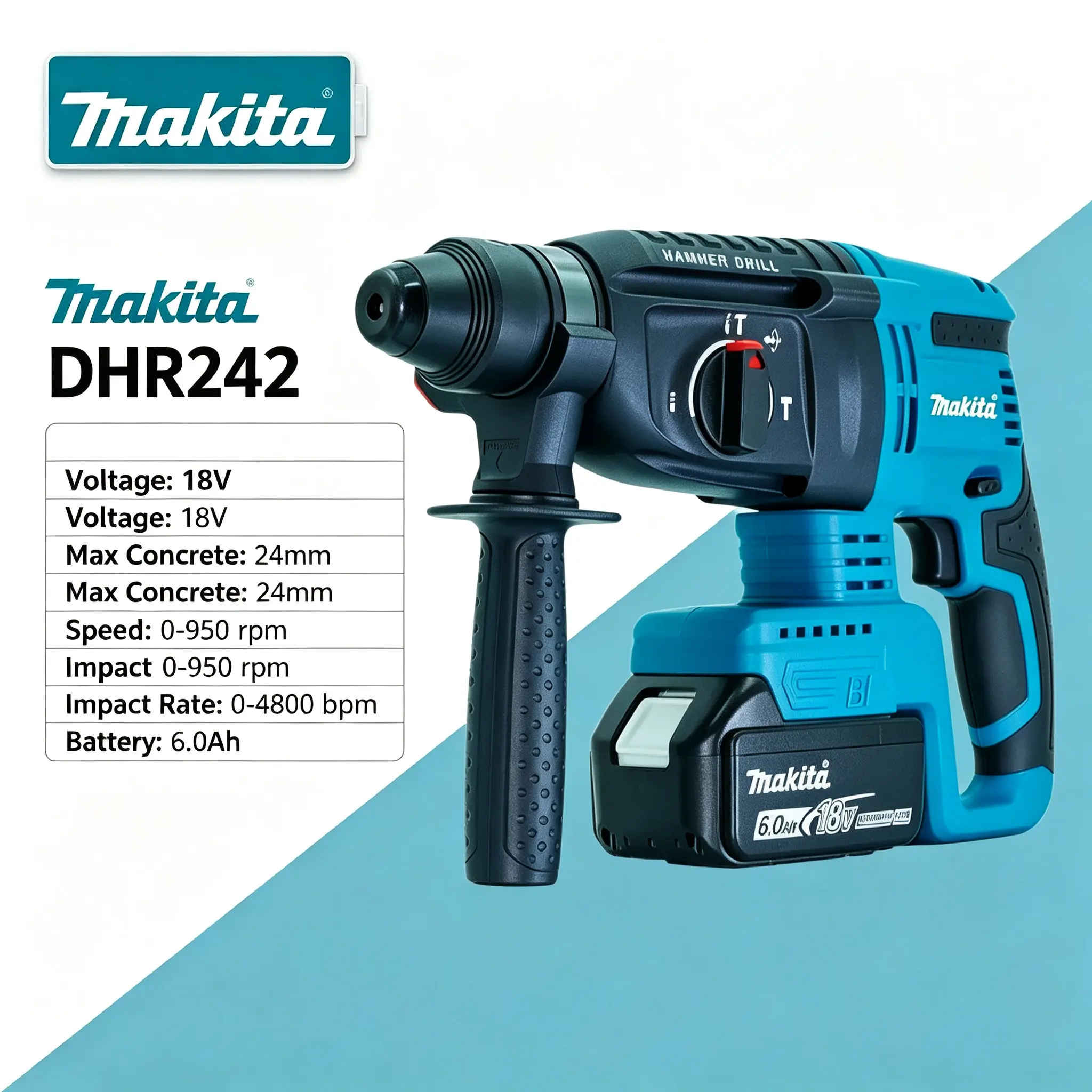 Martillo Rotatorio Inalámbrico Makita DHR242 de 18V, Taladro Profesional con Control de Vibración de 13.5m/s², Herramienta Eléctrica para