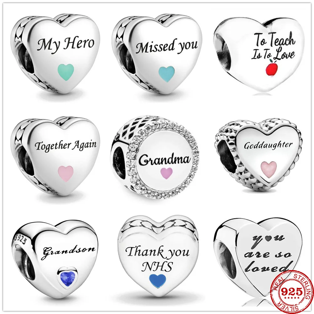 Heart Shape 925 Sterling Silver Grandma Goddaughter Grandson Charm Fit Original Charms Pandora Bracelet Bead Jewelry making Gift