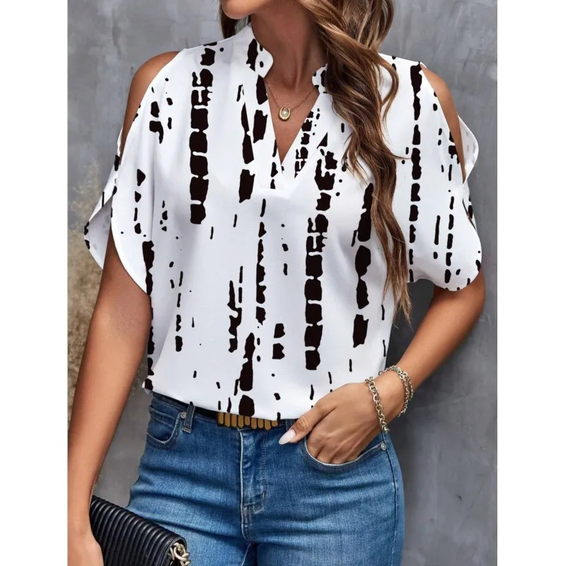 Summer Elegant Women's Blouse New V-neck Short Sleeve Floral Printed Loose Shirt Casual White Tops Office Lady Fashion Blouses