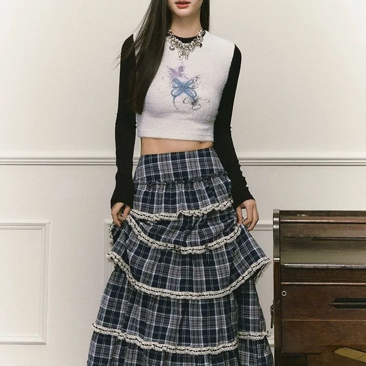 

Retro Blue Plaid Skirt Women's Spring New Cake Skirt High Waist A-shaped Long Skirt