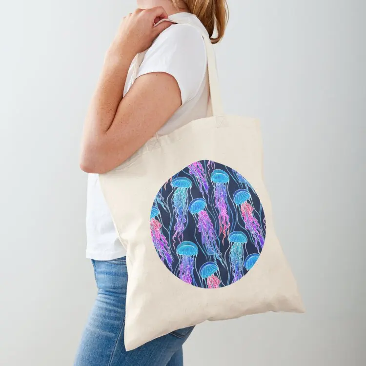 

Luminescent Rainbow Jellyfish on Navy Blue Tote Bag Women's tote bag shopping bag canvas tote bags cloth woman