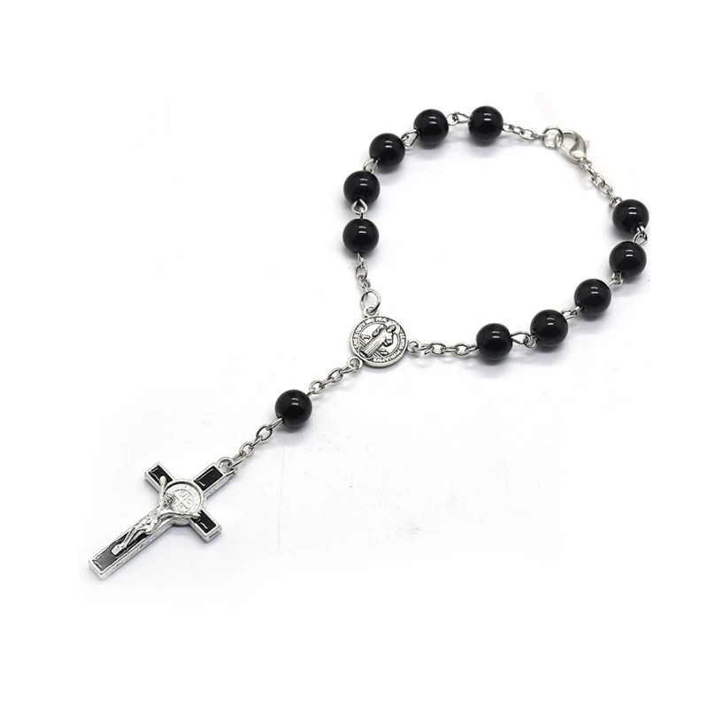 Exquisite Rosary Cross Bracelet Jewelry Black Glass Beads Rosary Bracelet Must-have Item for Catholicism Prayer