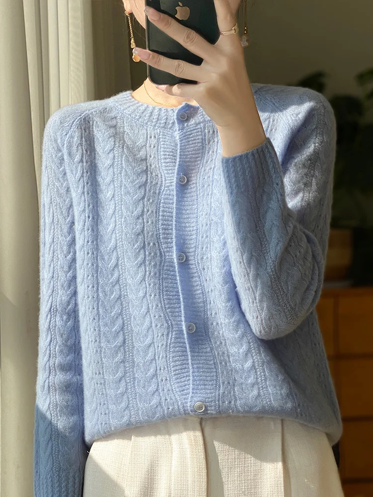 100% Merino Wool Knitwear O-neck Hollow Out Sweaters For Women Cardigan Raglan Sleeve Spring  Autumn Cashmere Popular Clothes