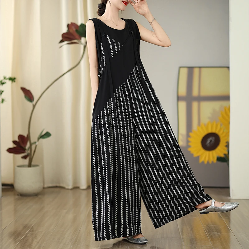 Trendy kleur Blo gestreepte overall loszittende verbergen flatterende wijde pijpen broek zomer casual hoge taille negen P...