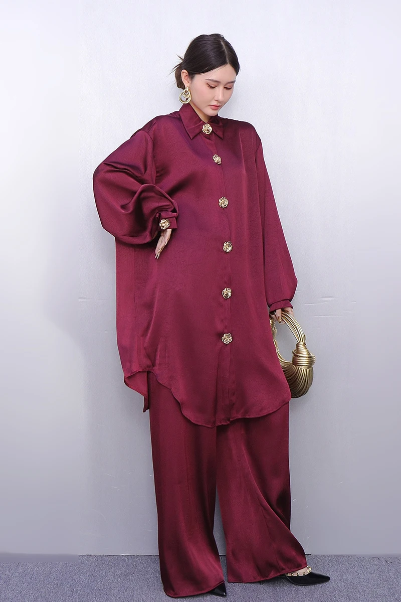 

2025 Autumn Elegant Fashion Retro Set Women Loose Solid Color Shirts Wide Leg Pants Two-piece Set J2108