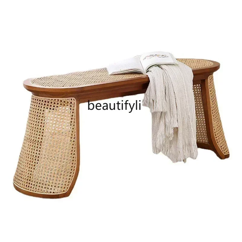 

35-местная скамья в японском стиле из массива дерева и ротанга, табурет для переобувания, прикроватная скамья для спальни B&B, простая скамья