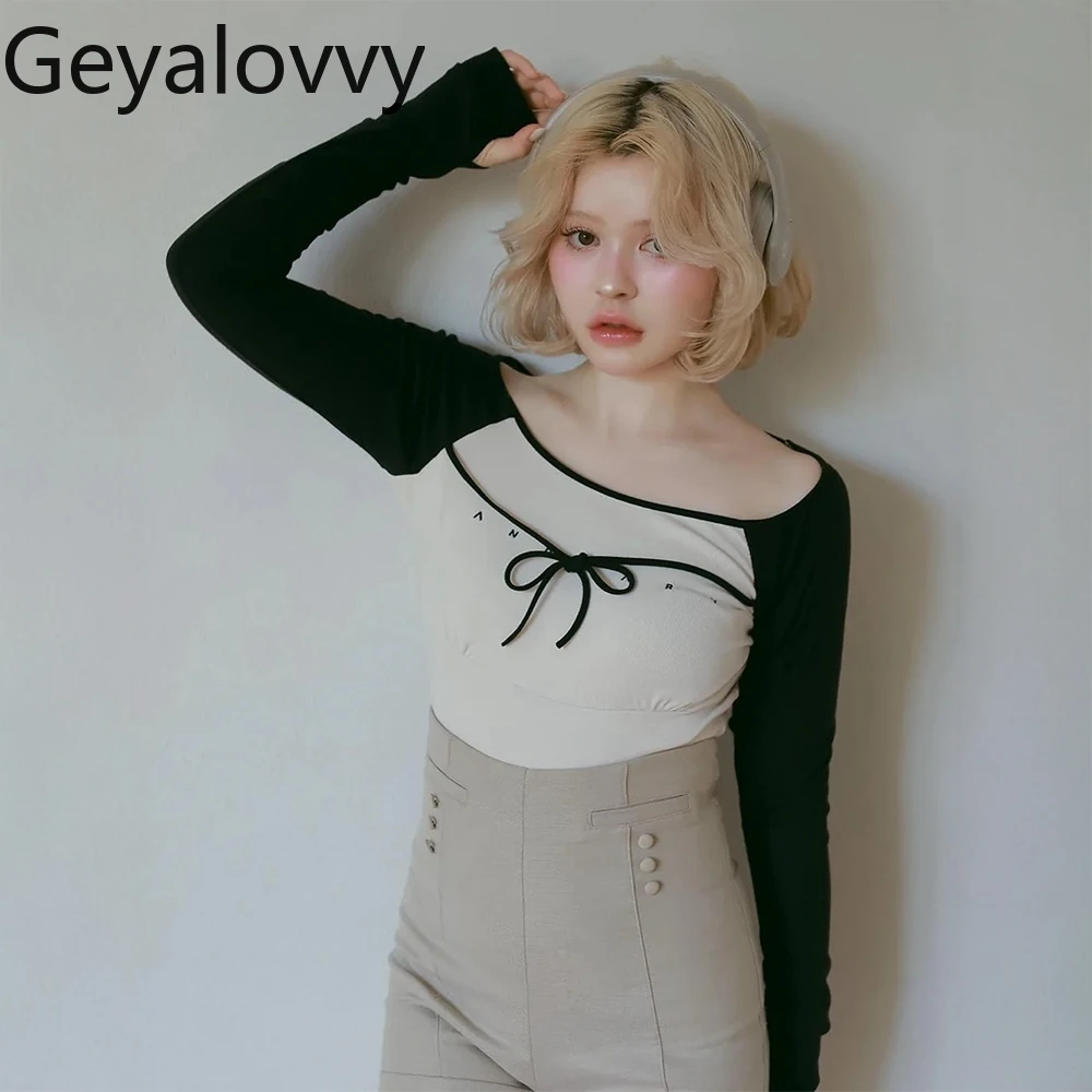 

Japanese Style Elastic Slim Lace-up Women's Long-sleeved Tops for Women Color Matching Casual T-shirt Spring Autumn New