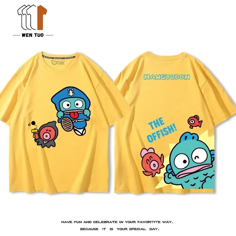 

Новый стиль Sanrio Hangyodon футболка с короткими рукавами мультфильм для мужчин и женщин в одном стиле пара студенческая летняя хлопковая повседневная милая футболка