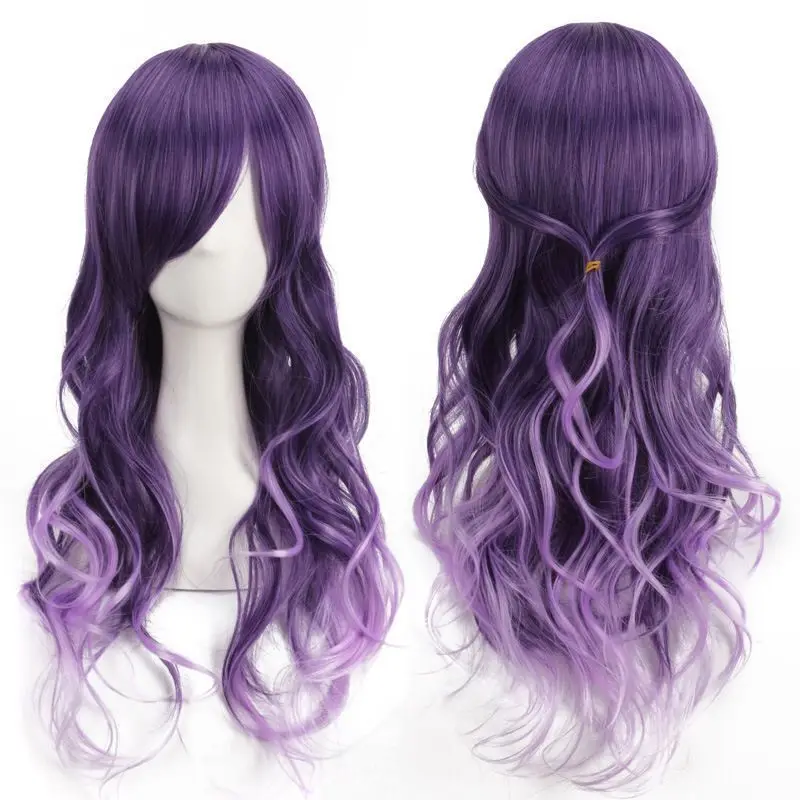 Women Purple Female Long Wig Natural Wave Whole Head Cover Wigs