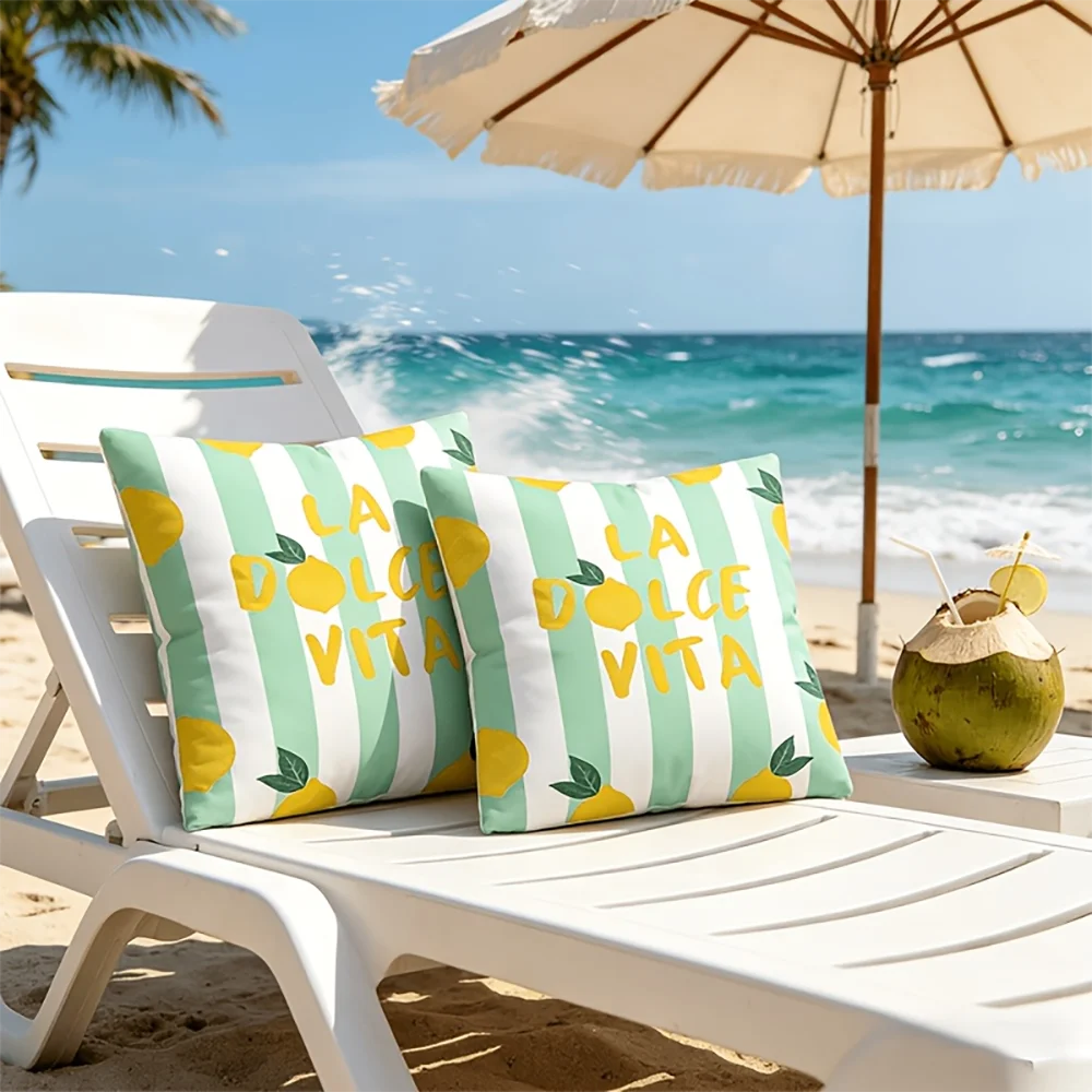 2pcs La Dolce Vita Lemon Striped Outdoor Throw Pillow Covers Summer Decor for Patio Porch