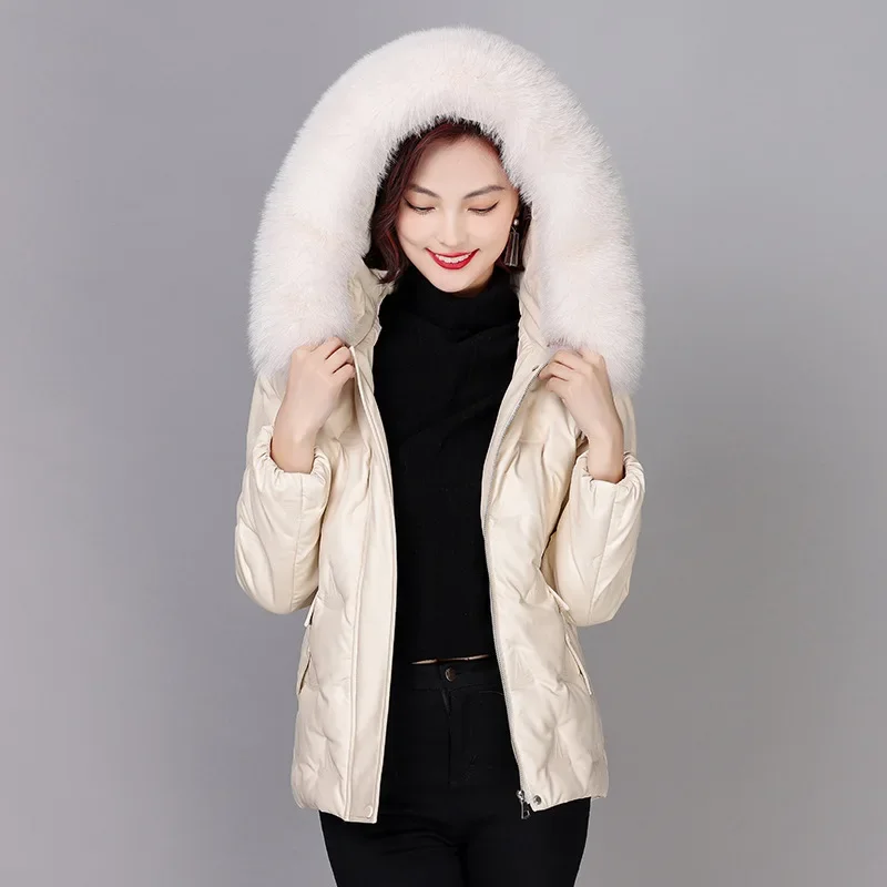 90% White Duck Down Coats for Women 2023 Hooded Winter Leather Down Jacket Female Korean Parkas Fox Fur Collar Jaqueta Feminina