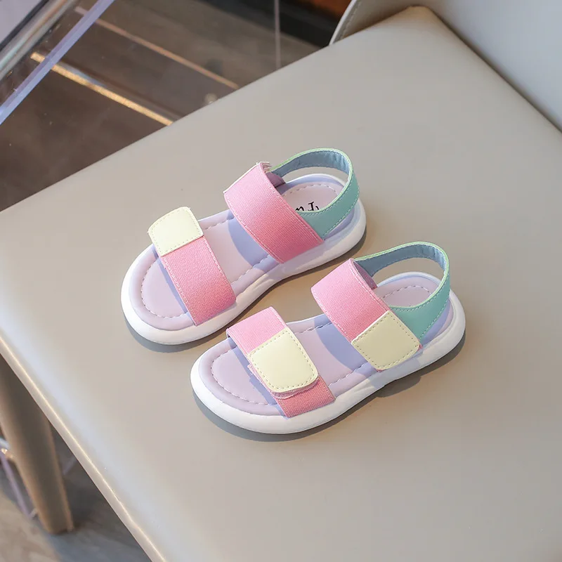 Fashion Open Toed Kids Sandals 2026 Summer New Color Blocked Girls' Sandals Comfort Non Slip Child Thick Soled Beach Shoes