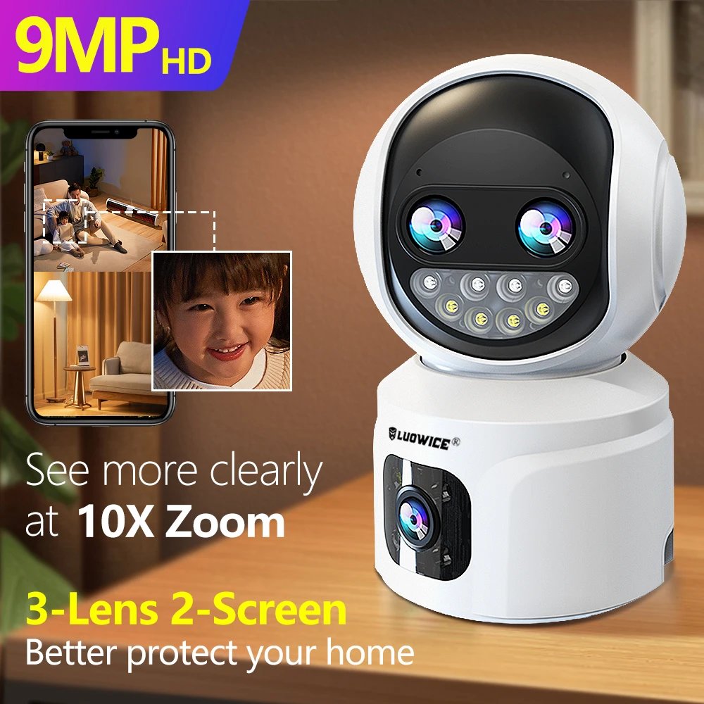 Luowice 9mp 3 Lens 2 Scherm Ptz Ip Surveillance Wifi Camera 10x Zoom Tweeweg Audio Baby Huisdier Smart Home Monitor