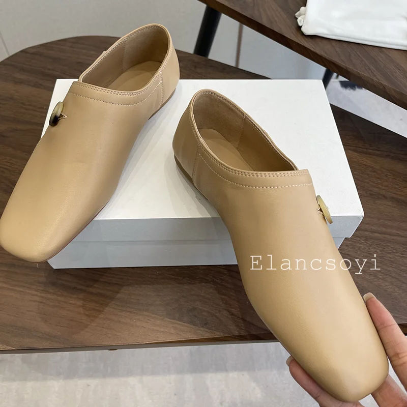 Flat Shoes Women Genuin Leather Square Toe Button Lazy Loafers Deep Mouth Single Shoes Spring Summer Versatile Casual Shoes 2026