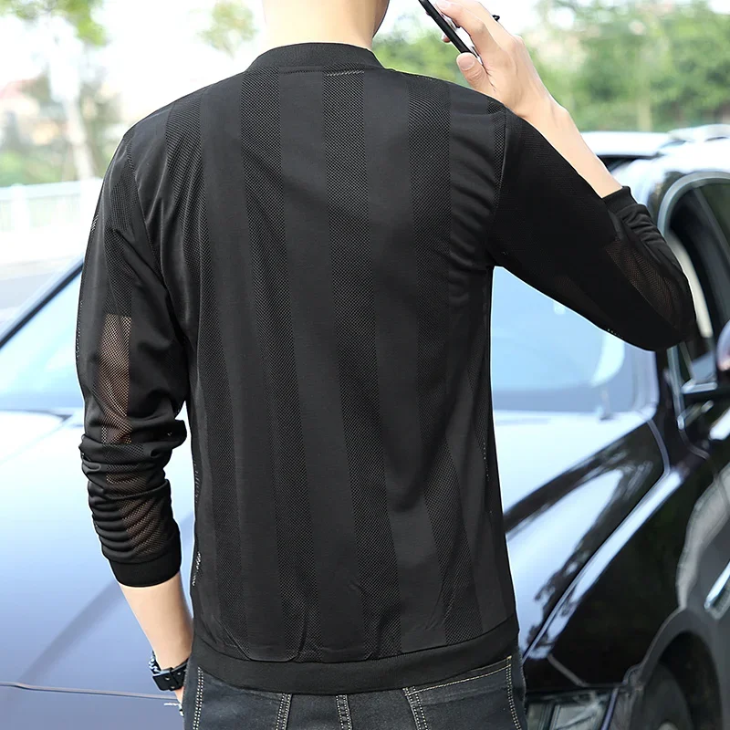 Men's White Cutout Long Sleeve Jacket, Summer Striped Sun Protection Coat, Black Light Thin Top Jackets,Breathable,Quick-drying