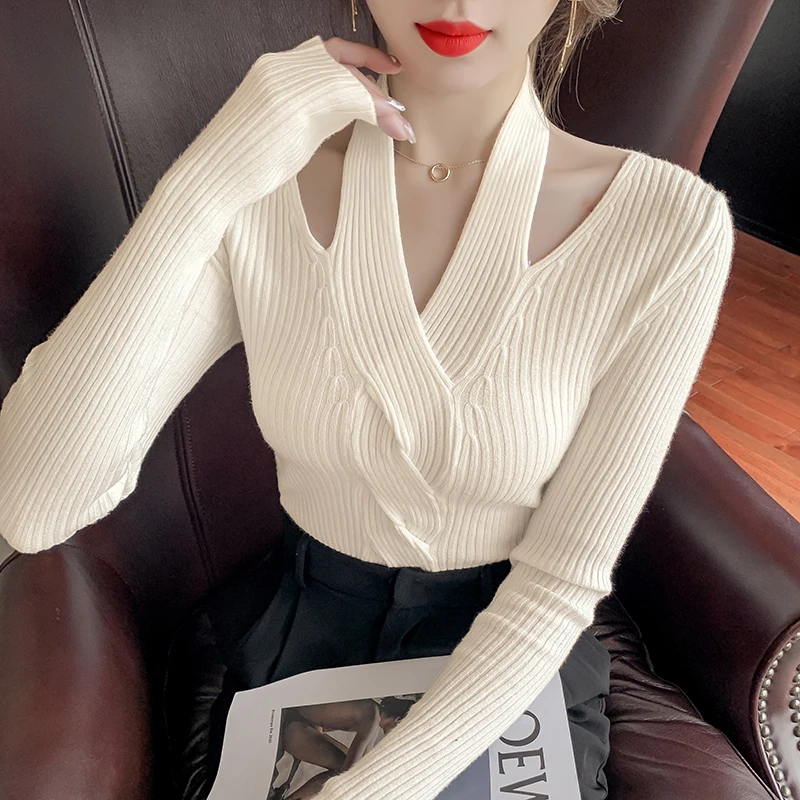 

2023 New Women Halter Neck Pullover Sweater Autumn Long Sleeve Slim Elastic Korean V Neck Female Sweater Jumper Solid Color Tops