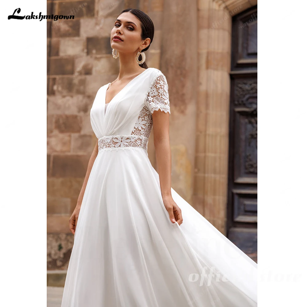 Lakshmigown Bohemian A-Linie Hochzeitskleider Chiffon Brautkleider Brautrobe Applikationen Kurze Ärmel Vestidos De N Maßanfertigung – Detail 8