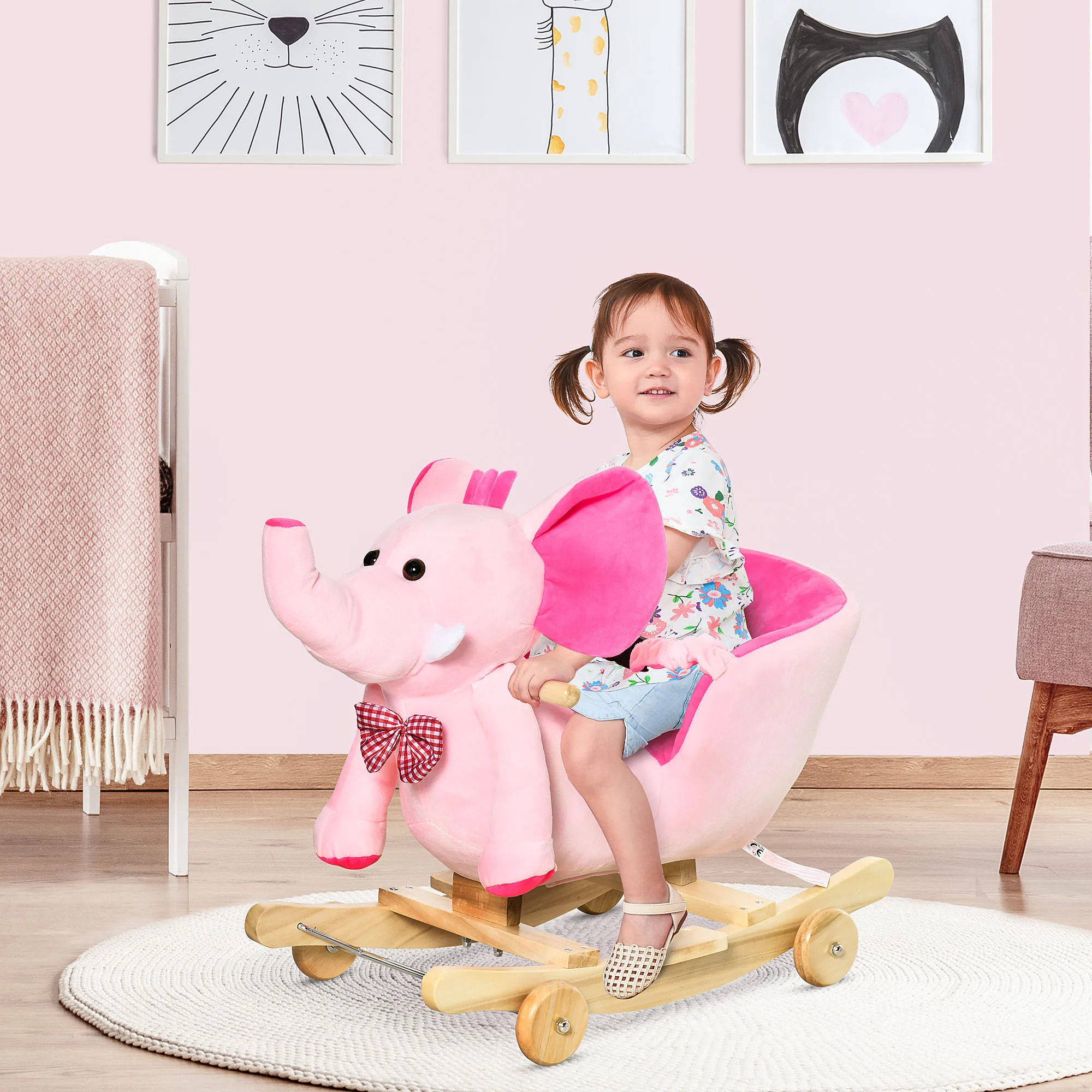 HOMCOM Caballito Balancín con Ruedas Forma de Elefante 60x35x45 cm Rosa