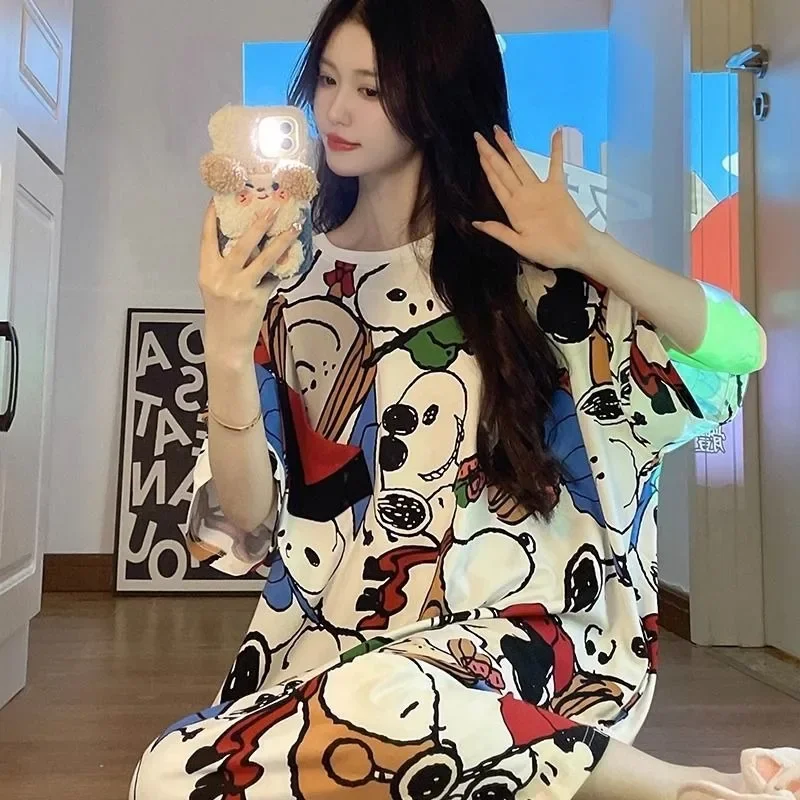 Snoopy Nightgown Women's Dress Summer Cute Cartoon Pajamas Mid-length Loose Summer Short-sleeved Casual Home Wear Birthday Gift