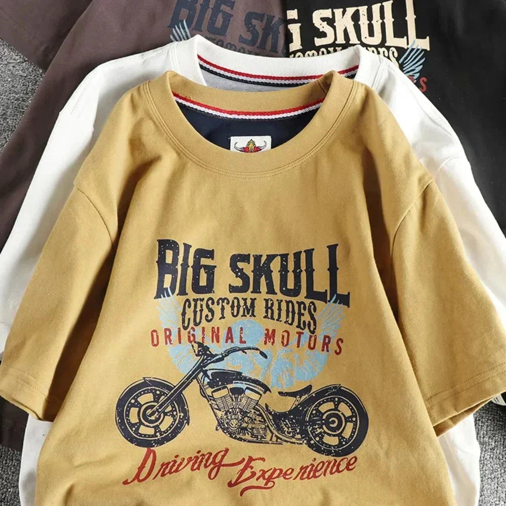 

Мужская футболка в стиле ретро со скелетонизированным мотоциклетным узором и короткими рукавами, шерстяная футболка из хлопка, удобная с круглым вырезом