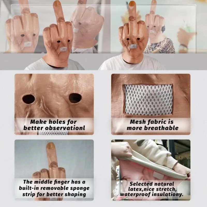 중지 손가락 재미있는 머리 가면 코스튬 파티 소품 성인 할로윈 무서운 손가락 가면 파티 풀 헤드 코스프레 의상 라텍스