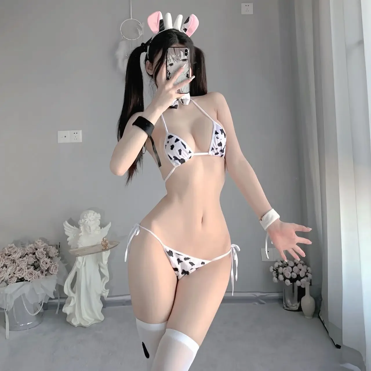 Nuevo conjunto exótico de uniforme de Cosplay de vaca, conjunto de sujetador y bragas, lencería de mujer Kawaii Lolita, Bikini de tres puntos, conjunto de ropa interior Sexy