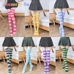3 Pairs/Lot Stockings Socks Women Cosplay Sexy Colorful Stripes Over Knee Cotton Lolita Slim Lady Girls Christmas Halloween Gift