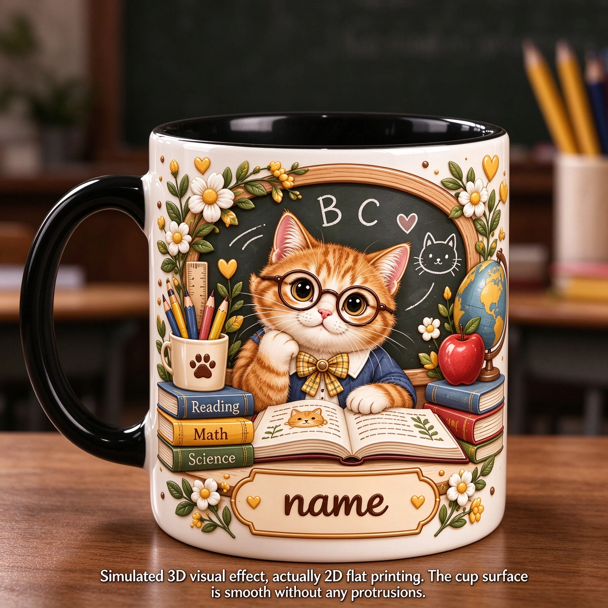 (2D Custom) Personalized Ceramic Mug, customizable with name/text and rim design - perfect for teachers and book lovers - dishwa