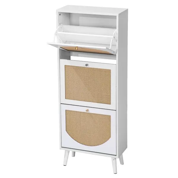 White 3-Tier Shoe Cabinet with Rattan Front 54*24*135 cm Particleboard 54*24*135 cm White