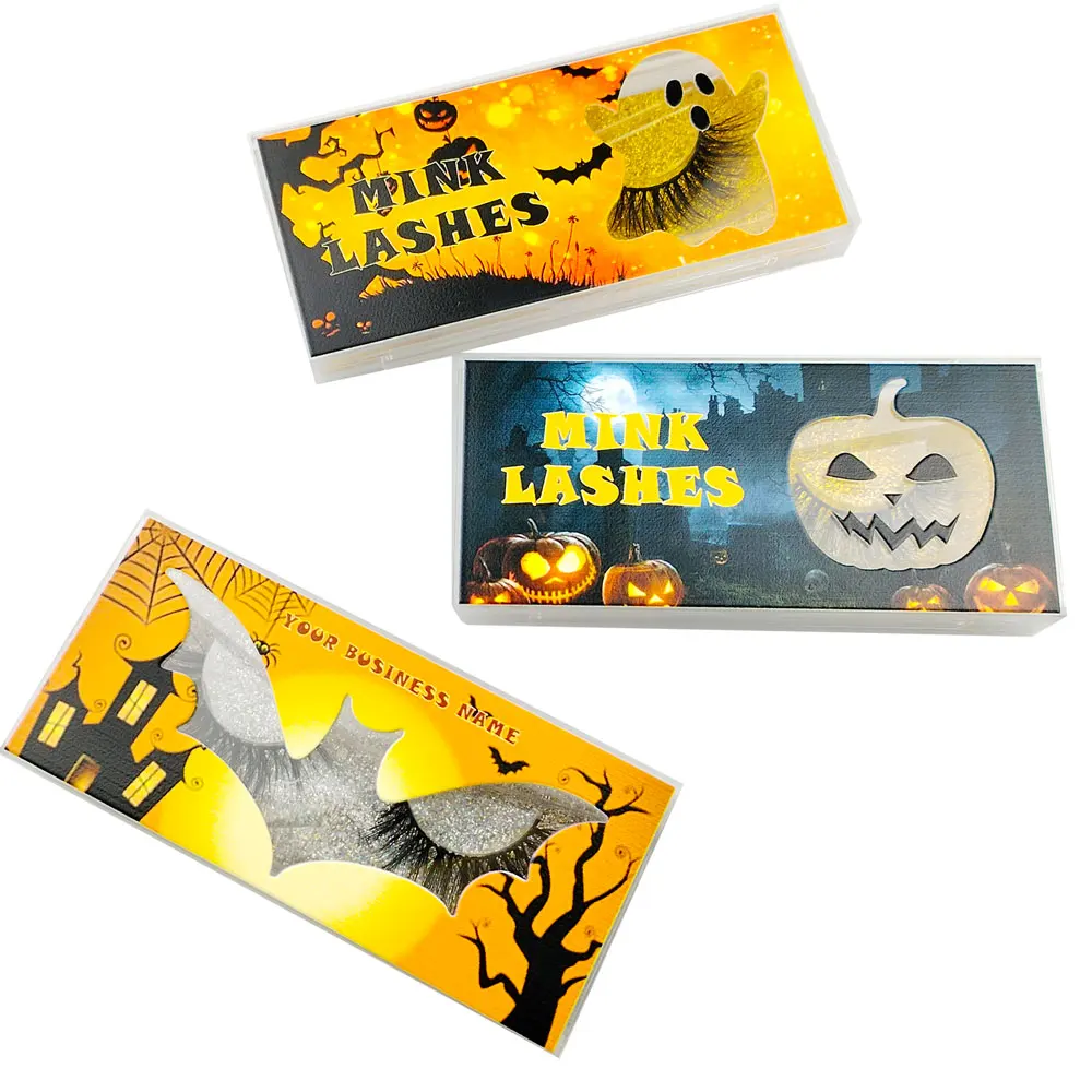 Cils Naturels Personnalisés pour Halloween, Boîte GT, Crâne, Fantôme, Citrouille Bonbon, Logo Imprimé Personnalisé, Cils Africains, Étuis en Acrylique, Vendeur