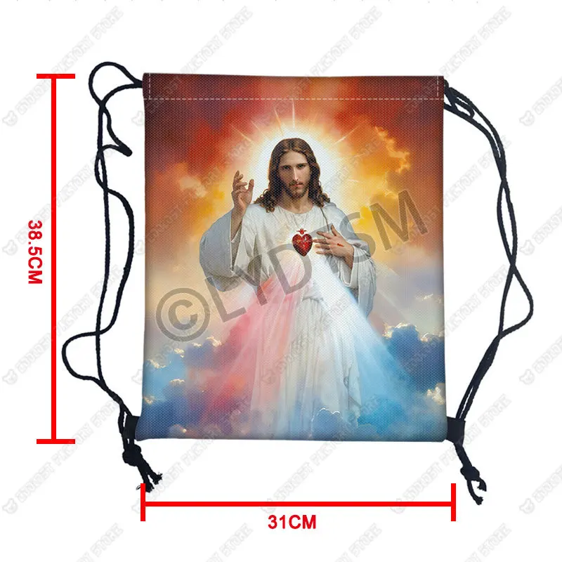 Jesus Painting Pattern Backpack for Travel Vintage Religion Drawstring Bag Christian Prayer Blessing Bookbag Shoe Holder