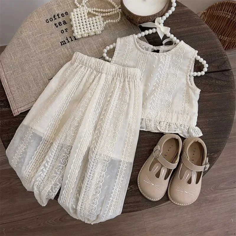 Girls\' Summer Fashion Set Fashionable 2024 New Fashion Girl Baby Top Wide Leg Pants 2-piece Set Children\'s Summer Clothes set