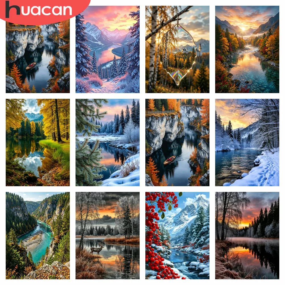 HUACAN Diamond Mosaic News 2027 Mountain Landscape Diamond Painting Kits Lake River Nature Adult Crafts Rhinestones Home Decor