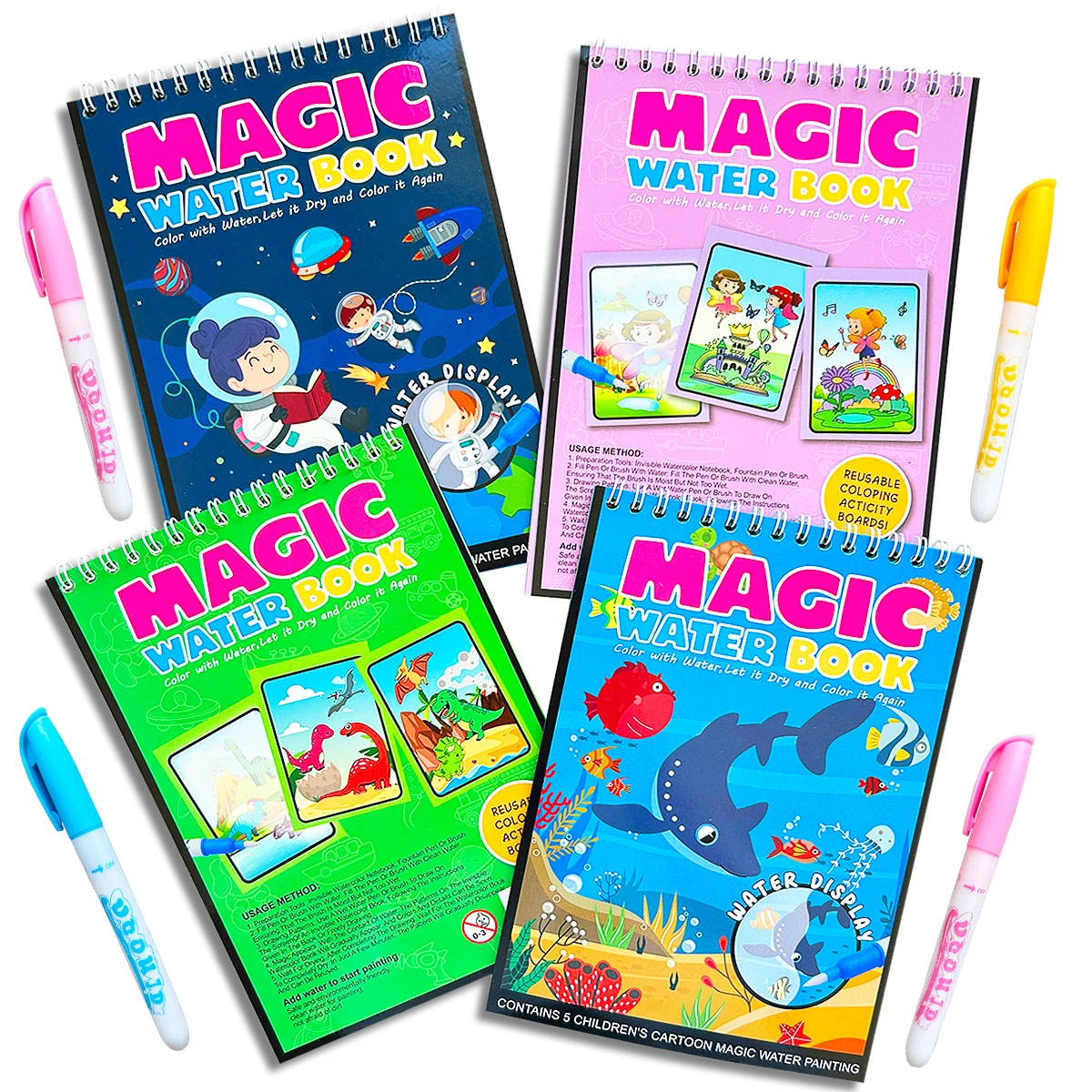 Children's Magic Water Book Set - Reusable Cartoon Themed Art Book with Four Designs Interactive Watercolor Painting for Kids