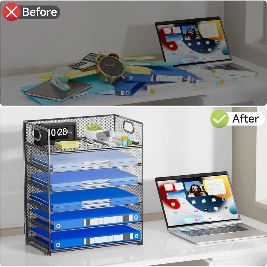 6-poziomowy organizer na dokumenty z uchwytem, siatkowy, do efektywnego sortowania i przechowywania papierów w biurze lub domu, szary