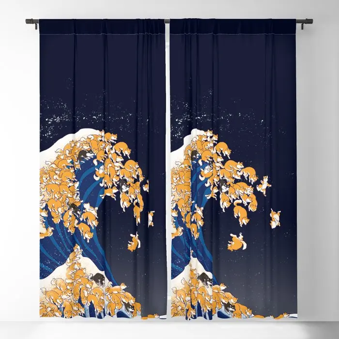 Shiba Inu The Great Wave In Night Blackout Curtains 3D Print Window Curtains For Bedroom Living Room Decor Window Treatments