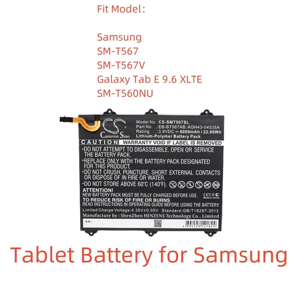 

Li-Polymer Battery for Samsung Tablet.3.8V,6000mAh,SM-T567V Galaxy Tab E 9.6 XLTE SM-T560NU,EB-BT567ABA GH43-04535A