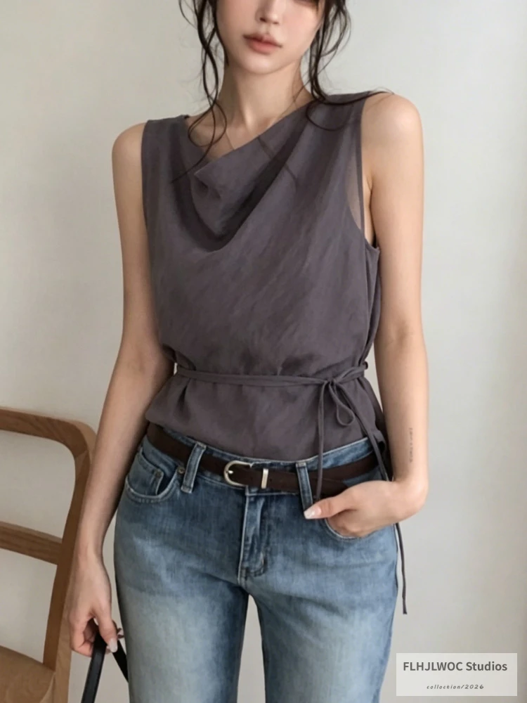 

Chic Korea Design Tank Top Women Casual Sleeveless Blouse Lightweight Semi-Sheer Cowl Neck Tops with Adjustable Waist Tie