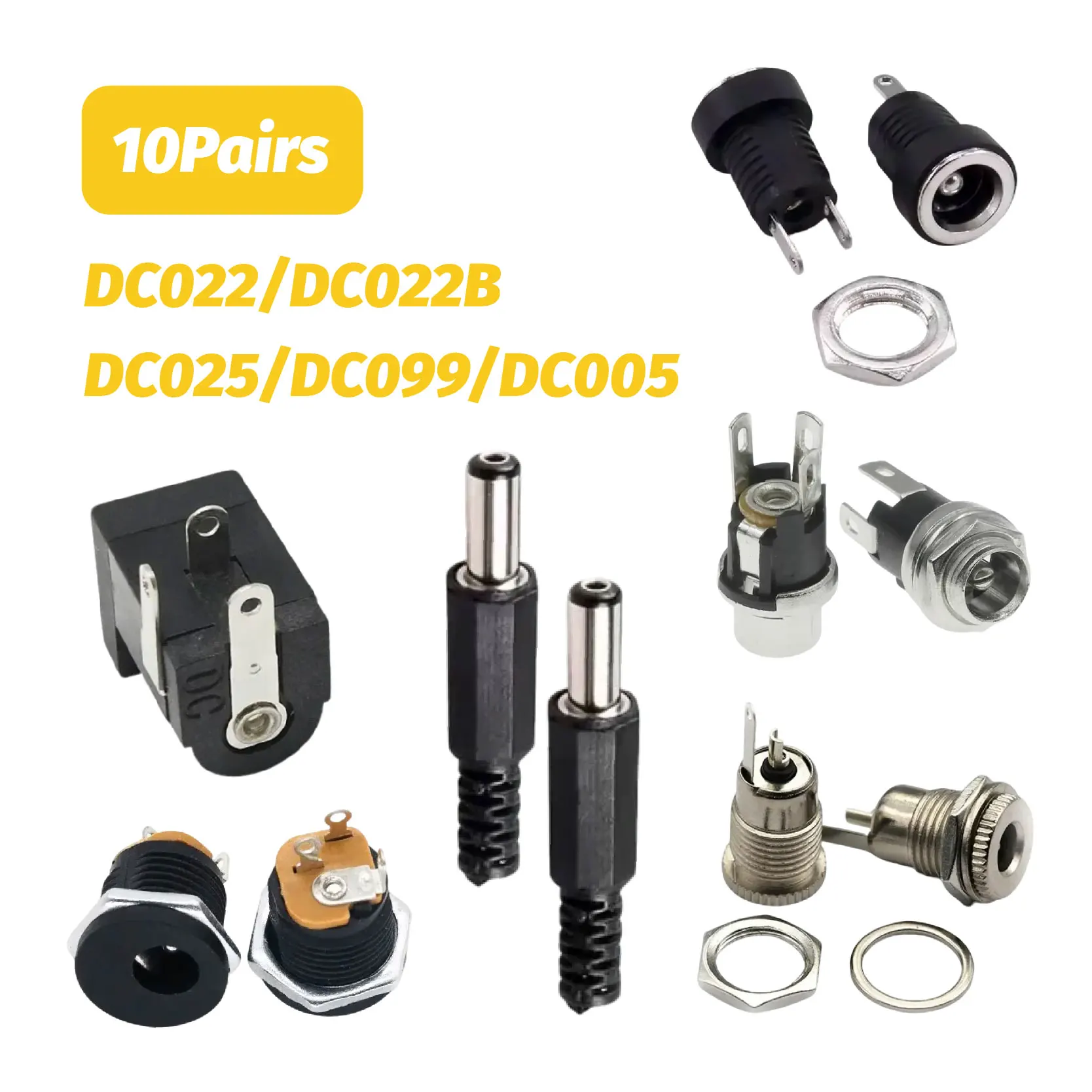 

10Pairs DC Male Plugs DC022/DC022B/DC025/DC099/DC005 DC Female Power Jack Connector 5.5*2.1/2.5mm DC Power Socket