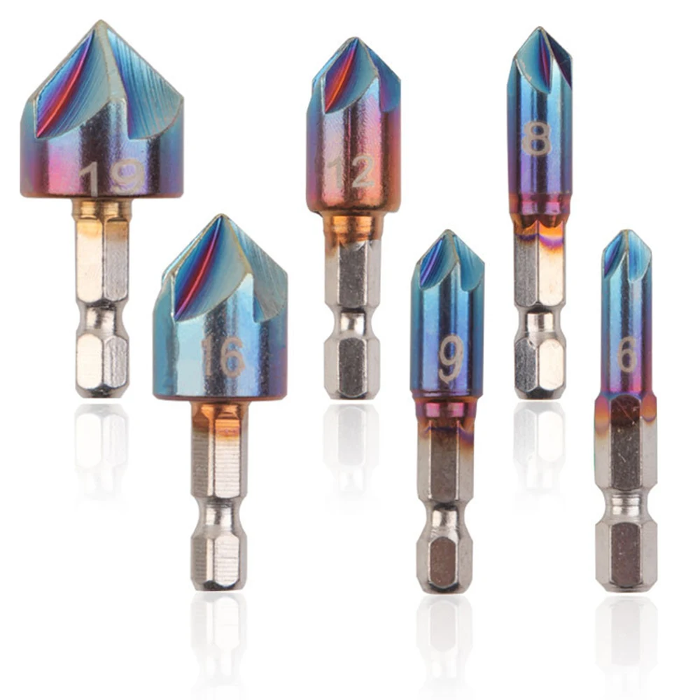 Broca de avellanado de chaflán de acero de alto carbono, vástago hexagonal, broca de avellanado, de cinco bordes, chapado en azul, 6-19mm, 6 piezas