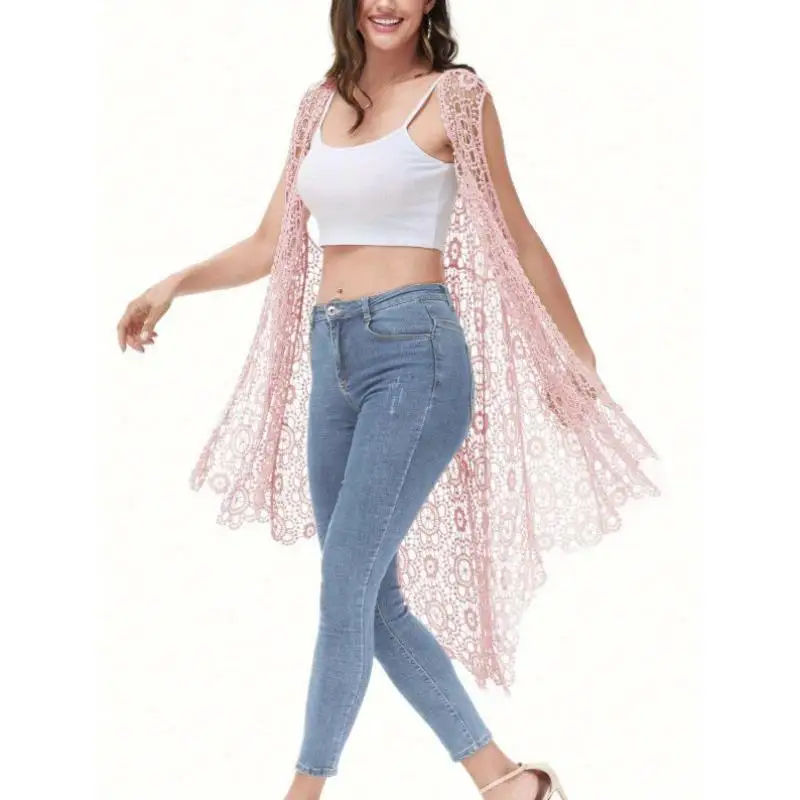 Koronkowa kamizelka z haftem, model H 8772026, długi top, kołnierzyk, wszystkie inne materiały 00%, wiosna 2026