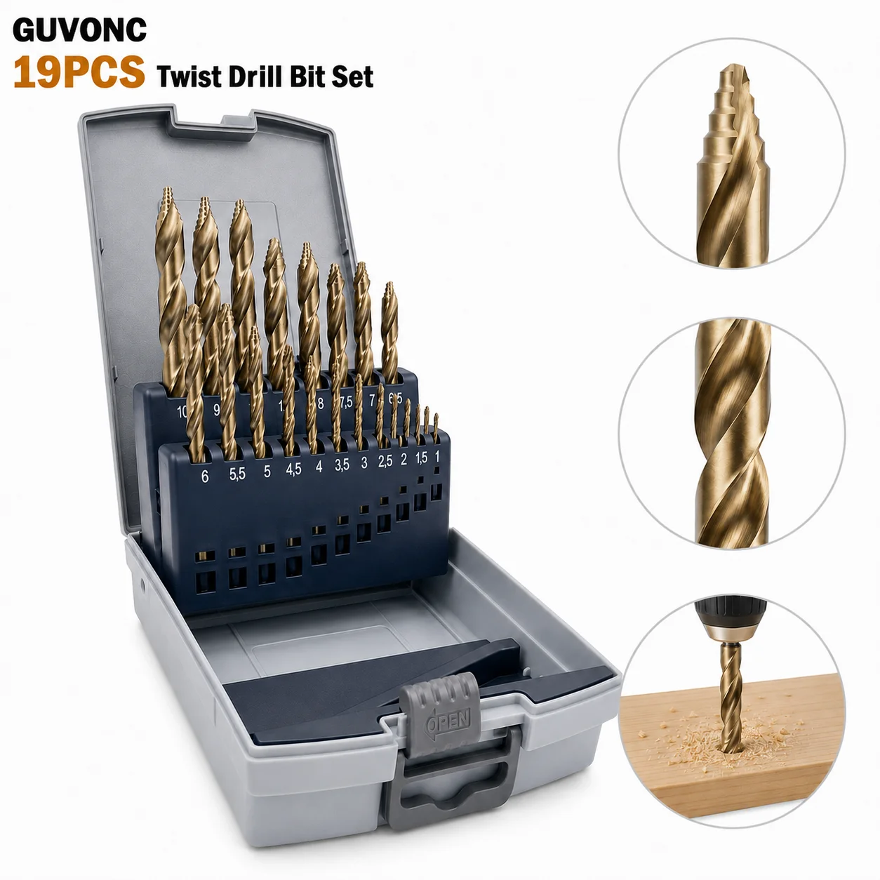 19本組チタンコーティングツイストドリルビットセット-1-10mm-hss-ステップチップドリルビット-金属・木材・アクリル用diy穴あけ工具