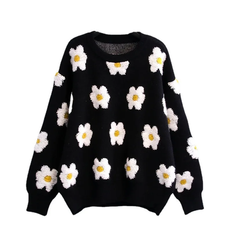 Fashion Little Daisy Jacquard Knitted Sweaters Women Autumn Winter New O Neck Long Sleeve Pullover Sweater Female Streetwear